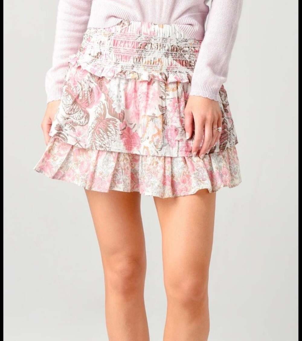 LoveShackFancy Romita Floral Ruffled Smocked Mini Skirt XS Pink